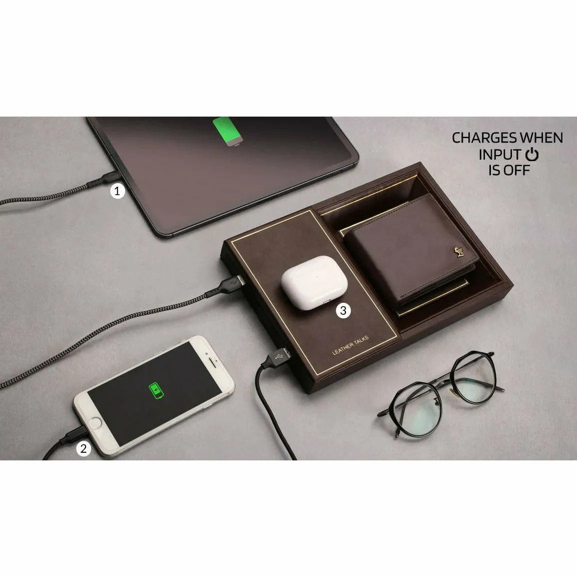 LT Smart Valet Tray 2.0 with wireless charging and power bank 10000 mAh | Color: Brown, Cherry, Black