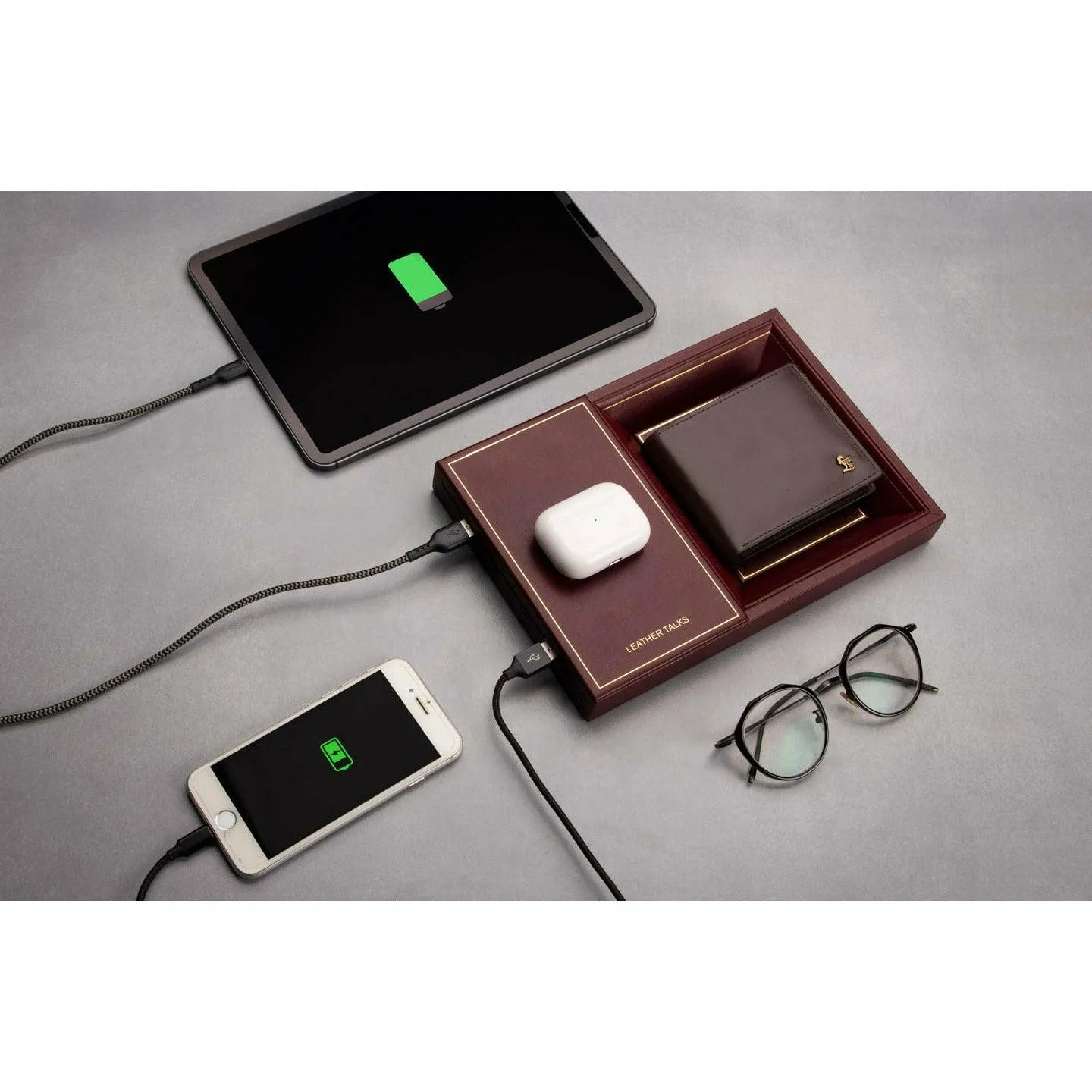 LT Smart Valet Tray 2.0 with wireless charging and power bank 10000 mAh | Color: Brown, Cherry, Black