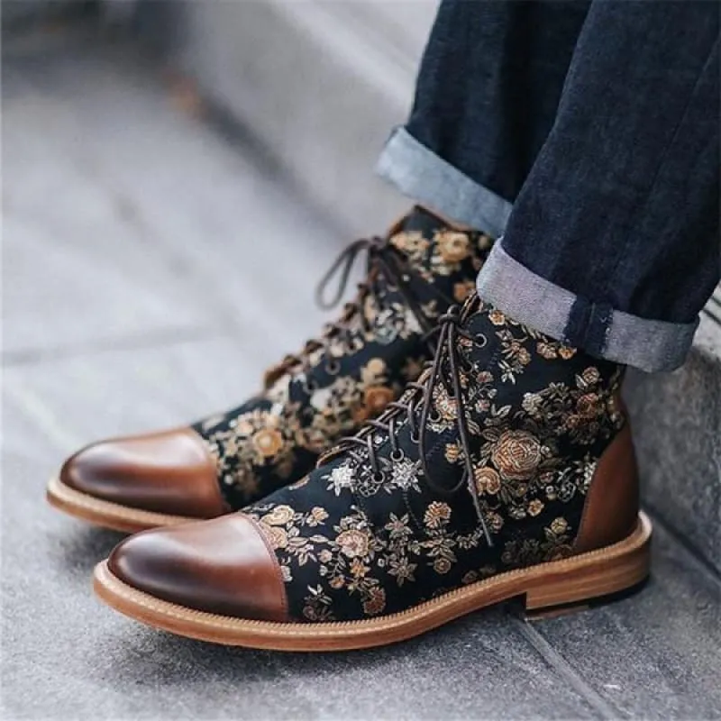 Men's British Style Retro Short Floral Pattern Boots