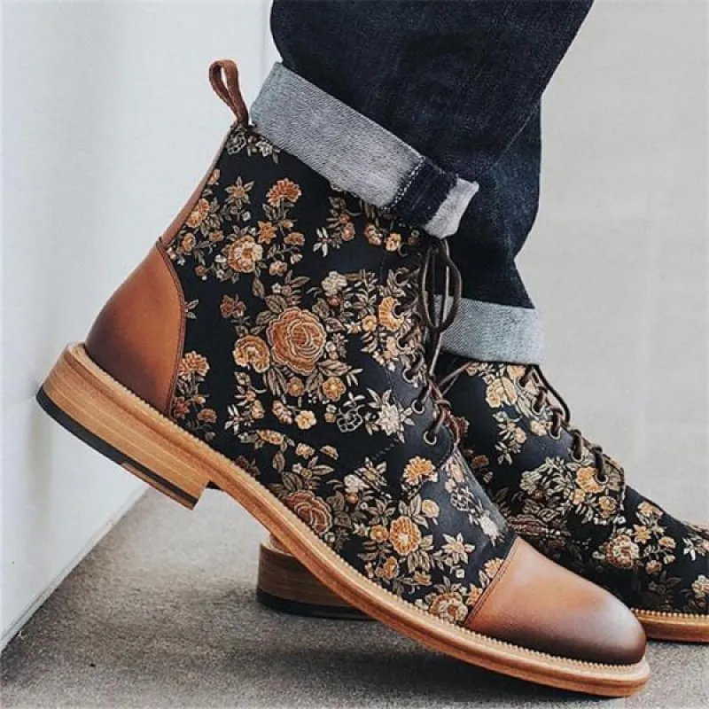 Men's British Style Retro Short Floral Pattern Boots