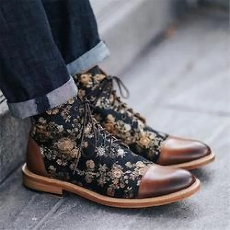 Men's British Style Retro Short Floral Pattern Boots