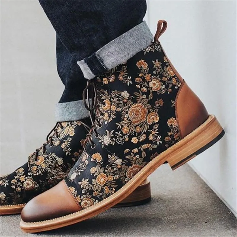 Men's British Style Retro Short Floral Pattern Boots