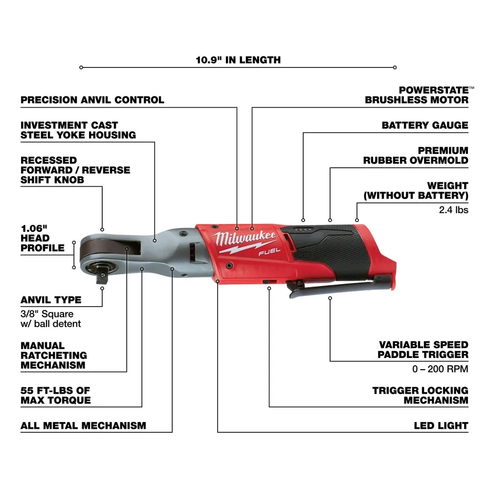 Milwaukee 2557-20 M12 FUEL 12V 3/8-Inch 55-Ft-Lbs. Cordless Ratchet - Bare Tool