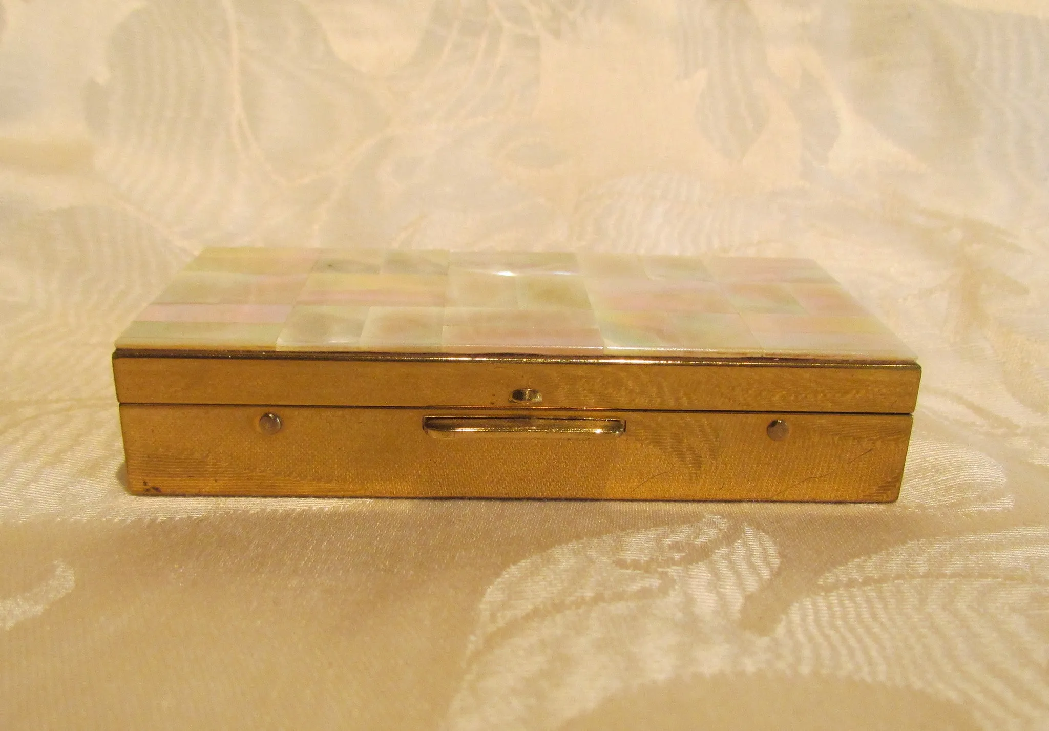 Mother Of Pearl Cigarette Box Mid Century Gold Case Excellent Condition