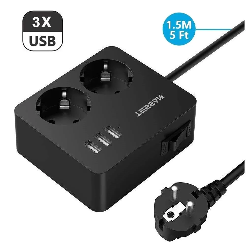 Multi Power Strip with 2 Outlet 3 USB Ports and 1.5M /5ft Cord Extension Travel Portable Power Socket Overload Protection