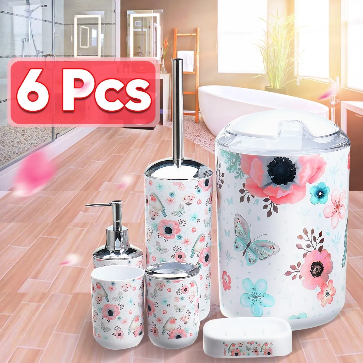 New 6Pcs/Set Bathroom Accessory Waste Bin Soap Dish Toilet Brush Toothbrush Holder