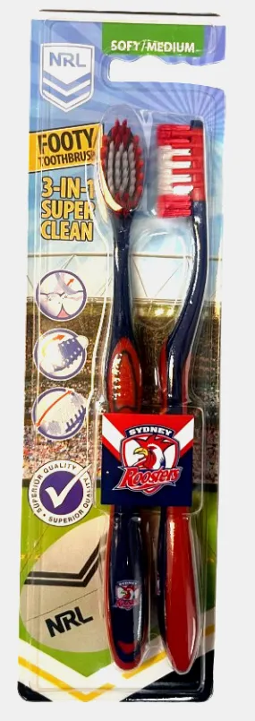 NRL Adult Toothbrush Twin Pack - Sydney Roosters - Set of Two - Soft/Medium