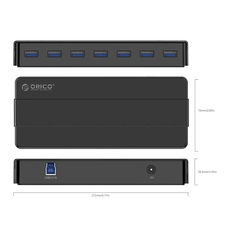 Orico 7 Port Additional Power Usb3.0 Hub - Black