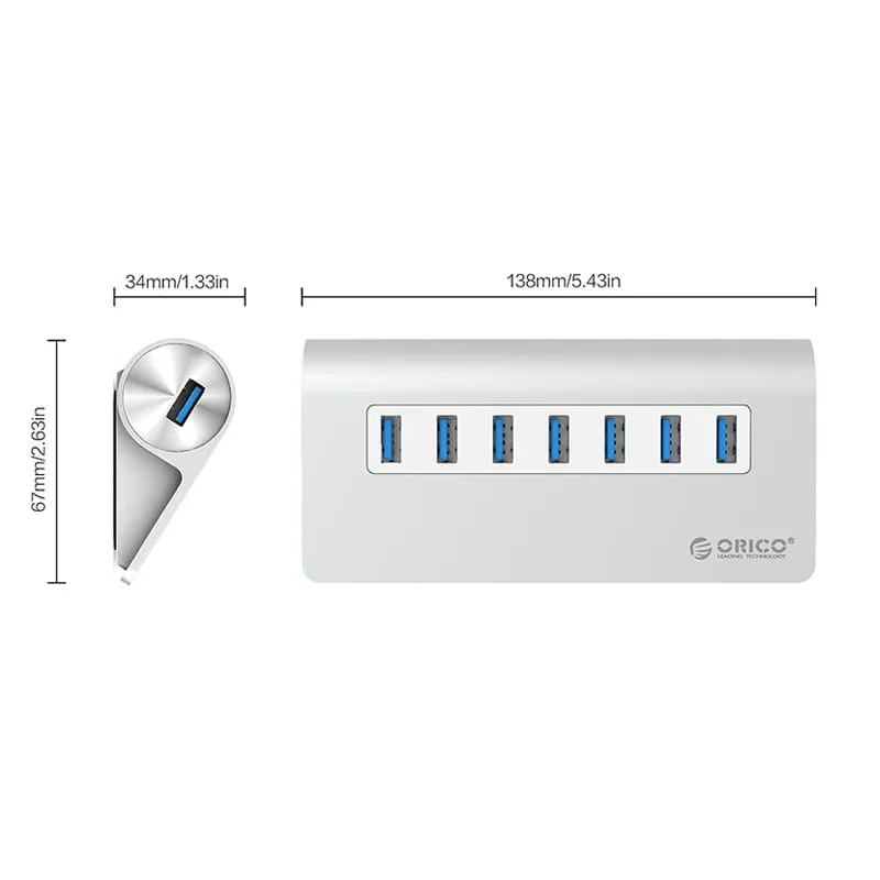 Orico 7 Port Usb3.0 Hub Aluminium - Silver