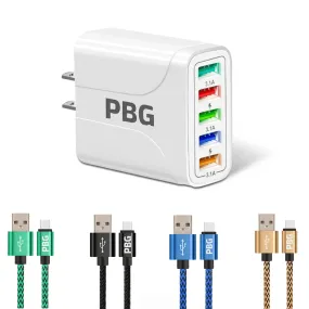 PBG 5-Port LED Wall Charger & 4 XL 10FT iPhone Charging Cables