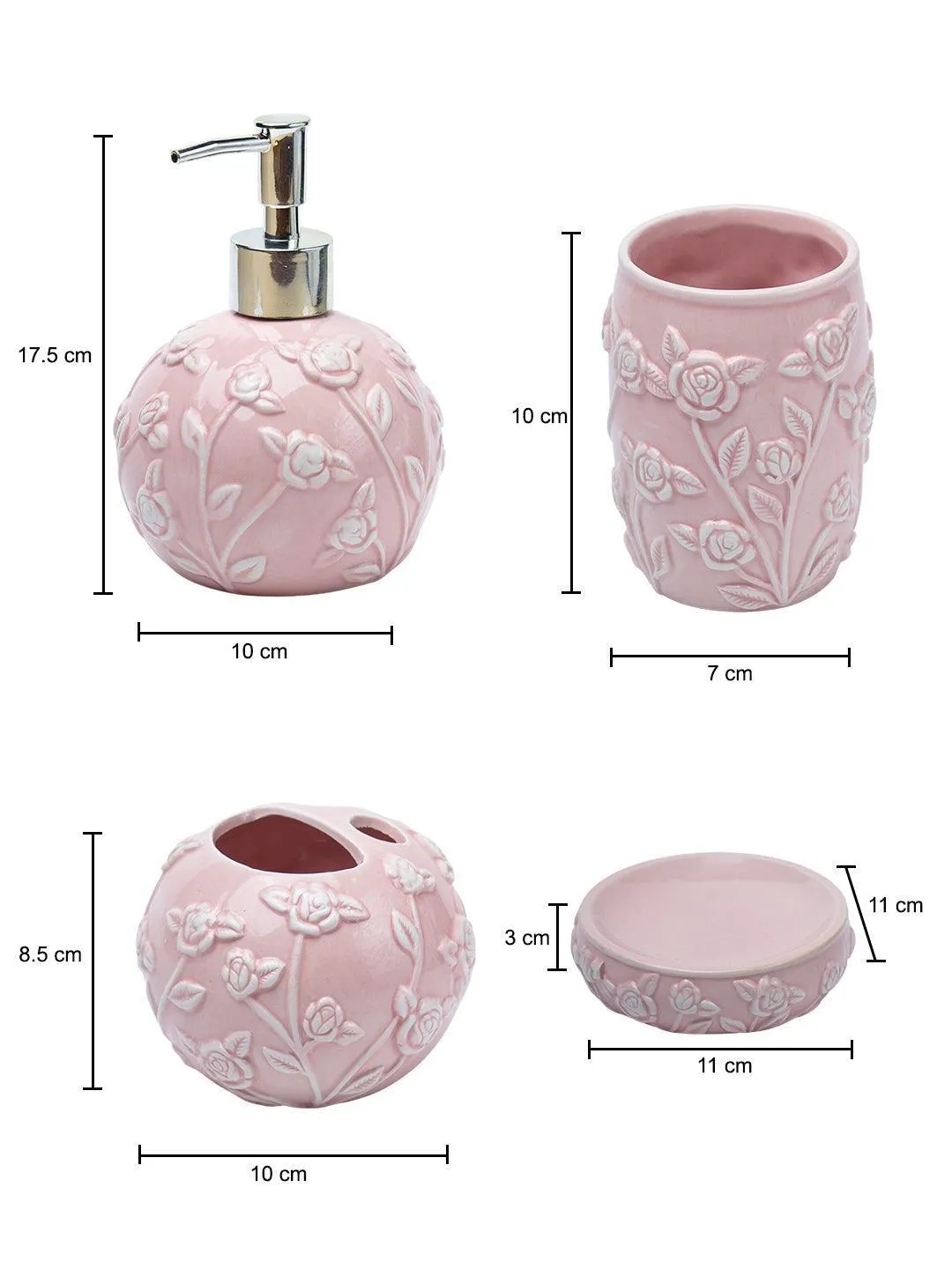 Pink Ceramic Bathroom Set Of 4 - Floral Design, Bath Accessories