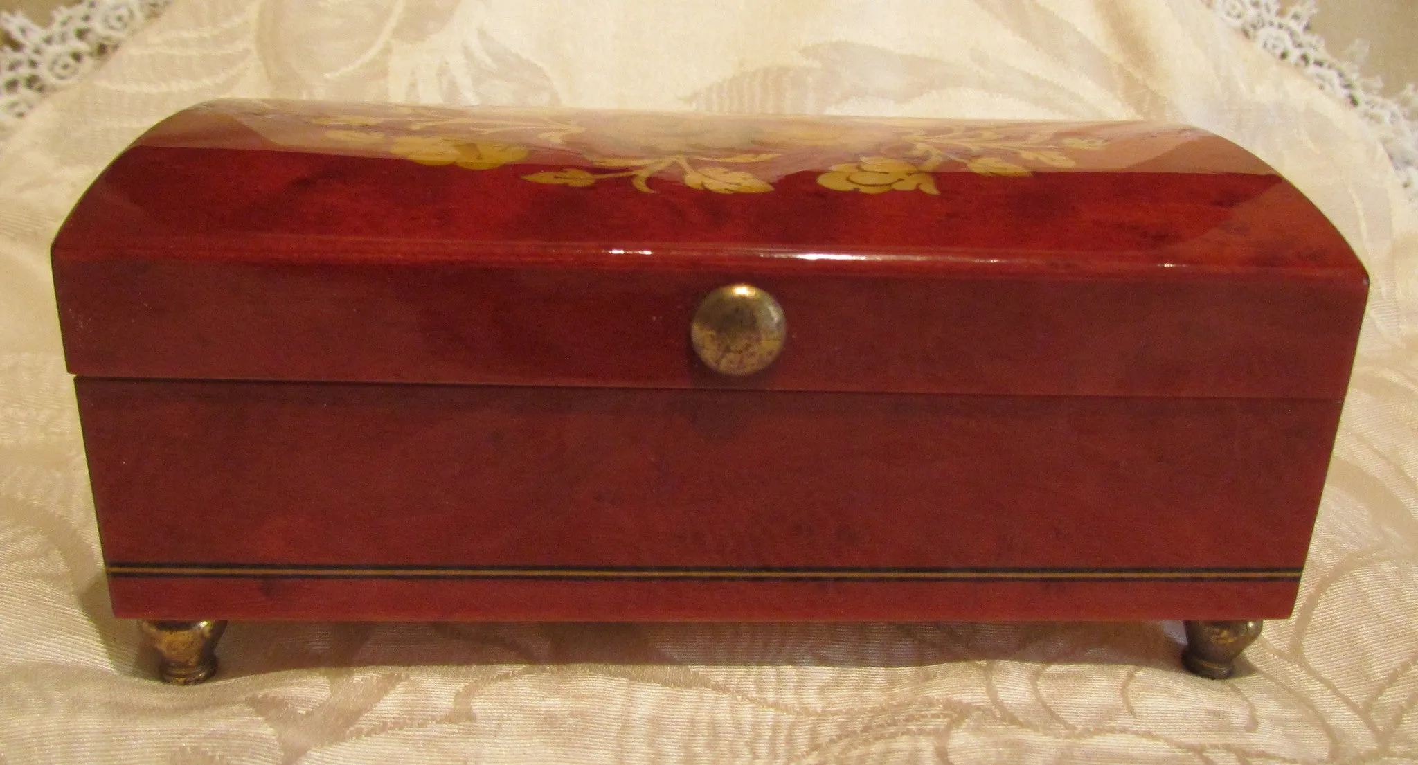 Reuge Music Box Italian Inlaid Burl Wood Swiss Movement Ring Jewelry Box