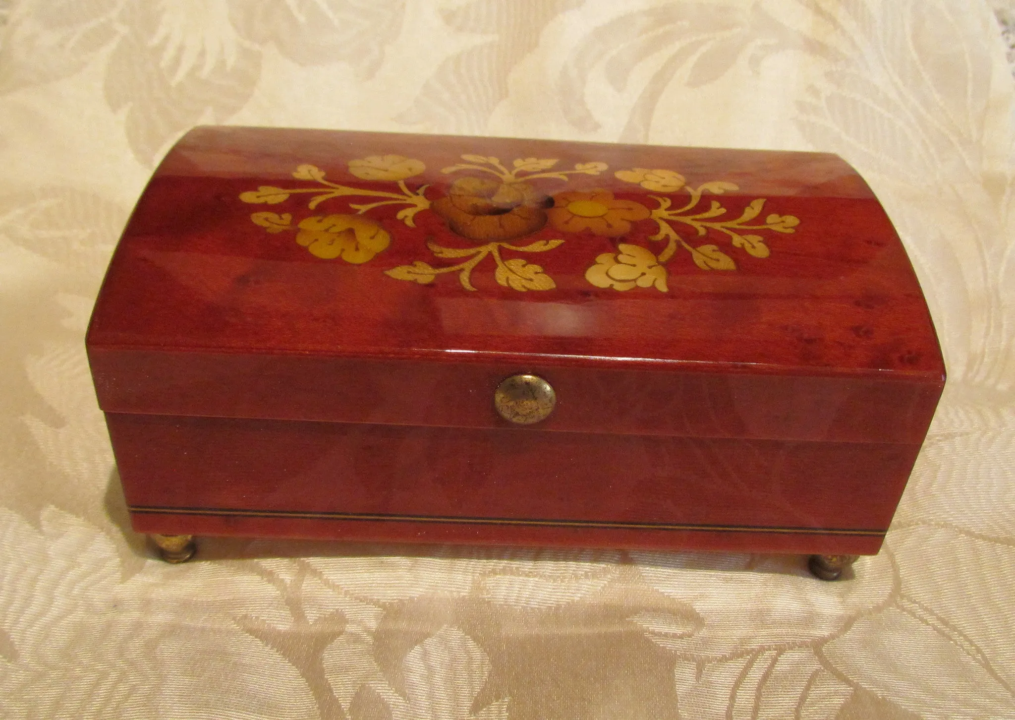 Reuge Music Box Italian Inlaid Burl Wood Swiss Movement Ring Jewelry Box