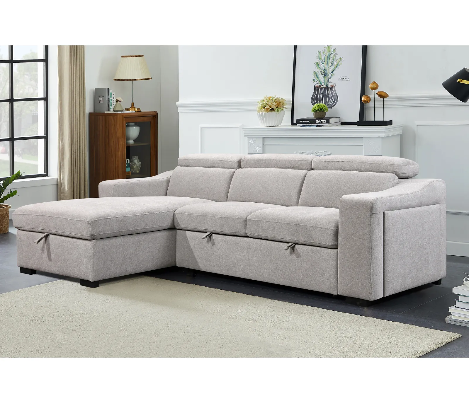 Roxy 2 Piece Sectional w/ Pull-Out Sleeper - Light Taupe Fabric