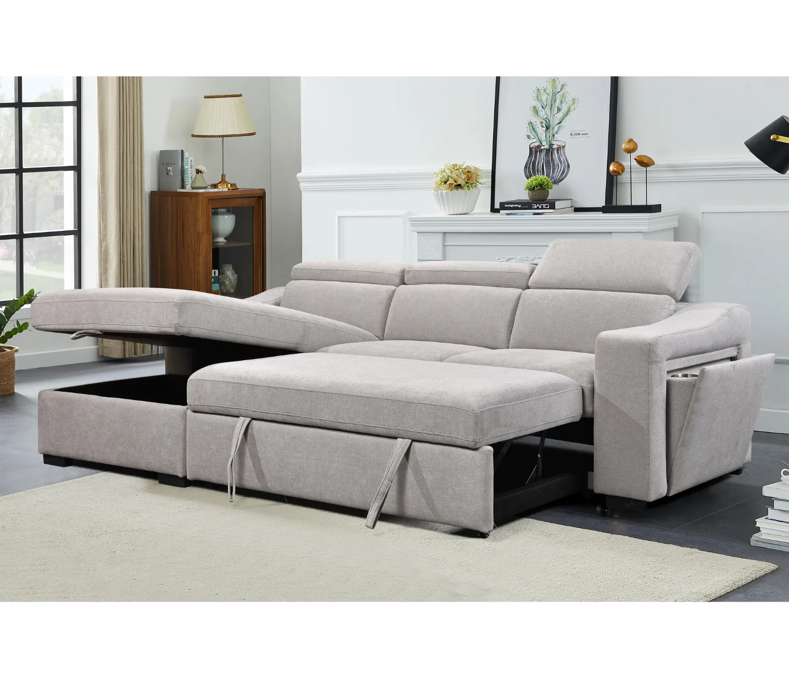 Roxy 2 Piece Sectional w/ Pull-Out Sleeper - Light Taupe Fabric