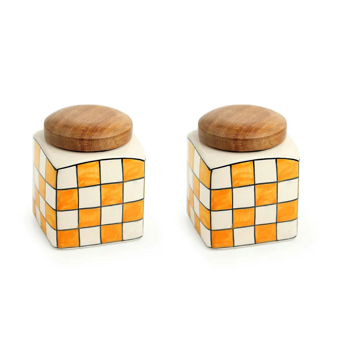 Shatranj Checkered' Hand-painted Multi-Purpose Jars & Containers in Ceramic (Airtight | Set of 2 | 480 ML | 10.9 cm)