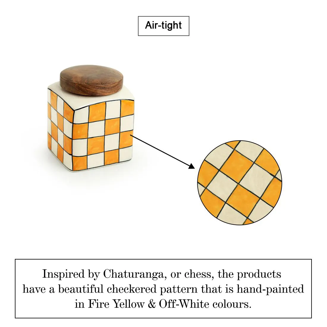 'Shatranj Checkered' Hand-painted Multi-Purpose Storage Jar & Container in Ceramic (Airtight, 240 ML, 10.2 cm)