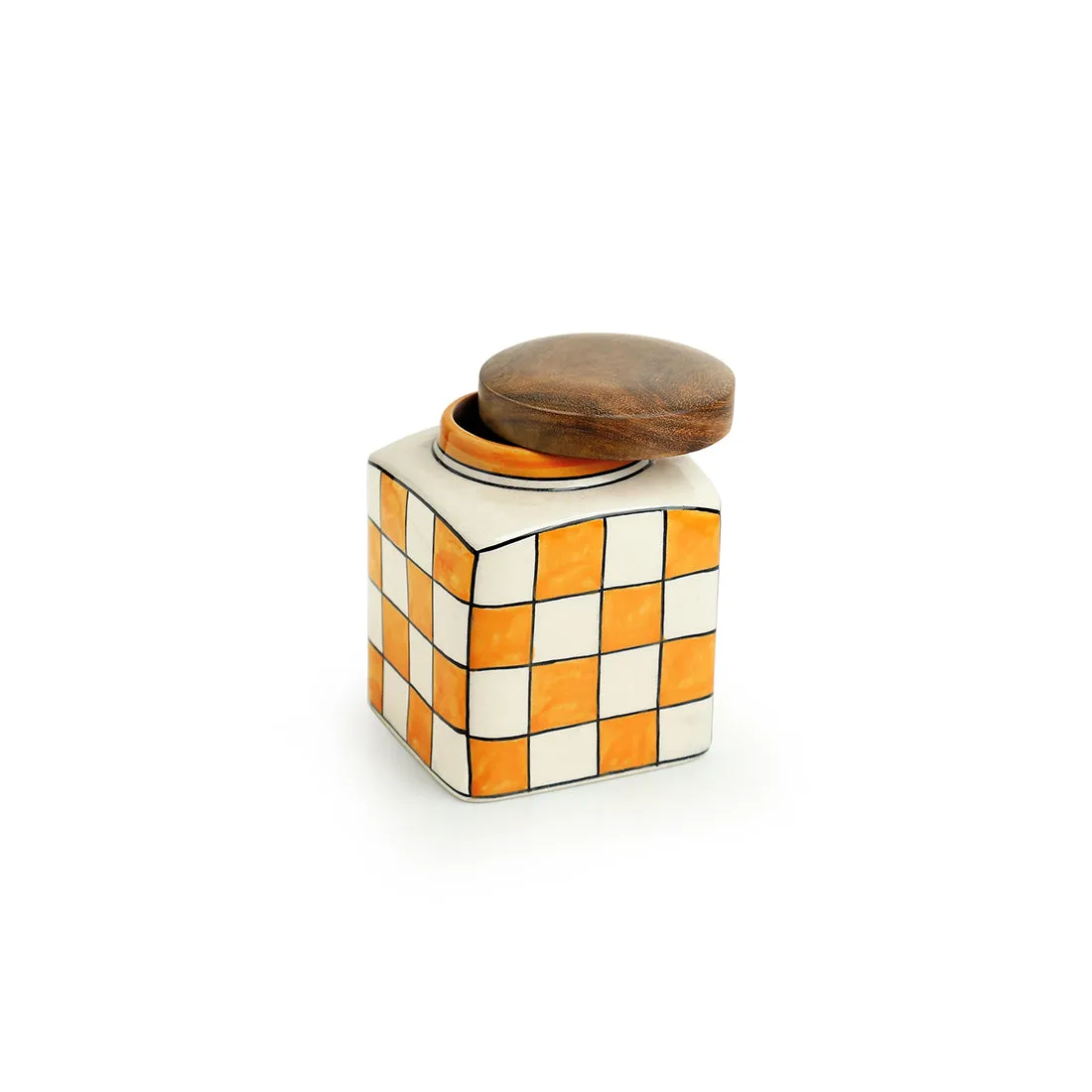 'Shatranj Checkered' Hand-painted Multi-Purpose Storage Jar & Container in Ceramic (Airtight, 240 ML, 10.2 cm)