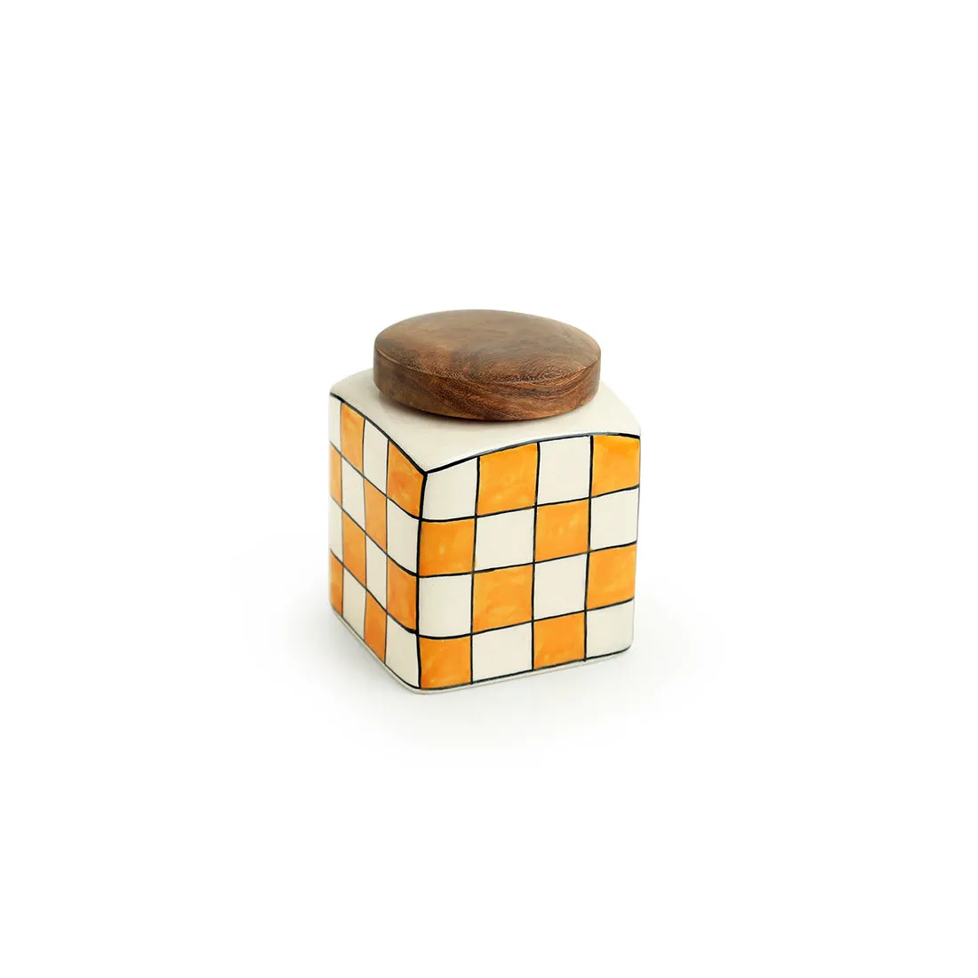 'Shatranj Checkered' Hand-painted Multi-Purpose Storage Jar & Container in Ceramic (Airtight, 240 ML, 10.2 cm)