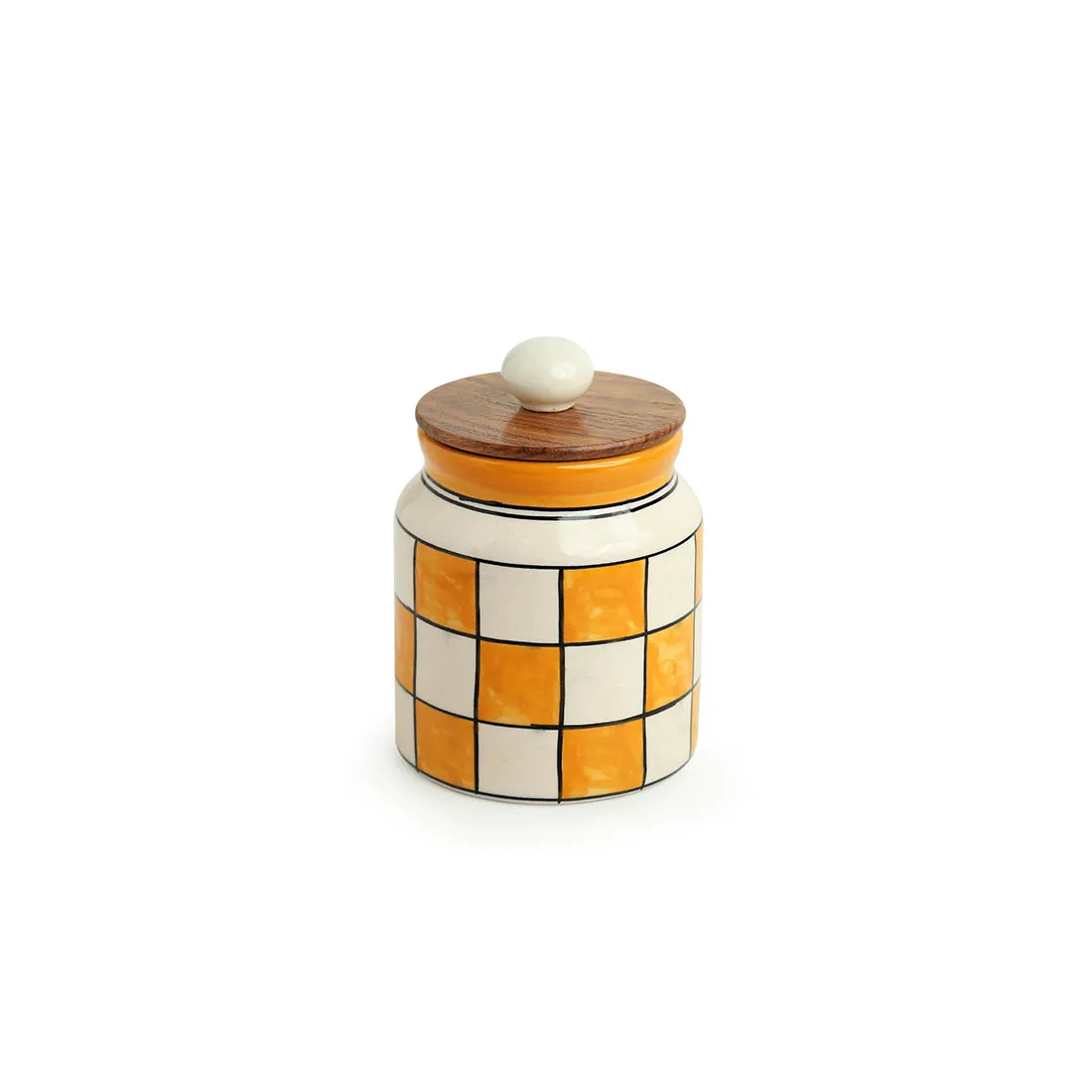 'Shatranj Checkered' Hand-painted Multi-Purpose Storage Jar & Container in Ceramic (Airtight, 410 ML, 13.2 cm)