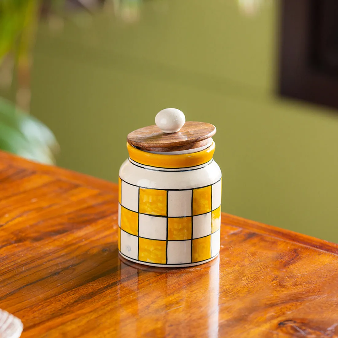 'Shatranj Checkered' Hand-painted Multi-Purpose Storage Jar & Container in Ceramic (Airtight, 410 ML, 13.2 cm)