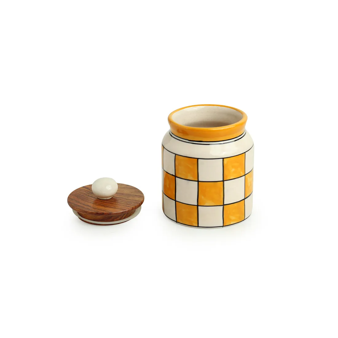 'Shatranj Checkered' Hand-painted Multi-Purpose Storage Jar & Container in Ceramic (Airtight, 410 ML, 13.2 cm)