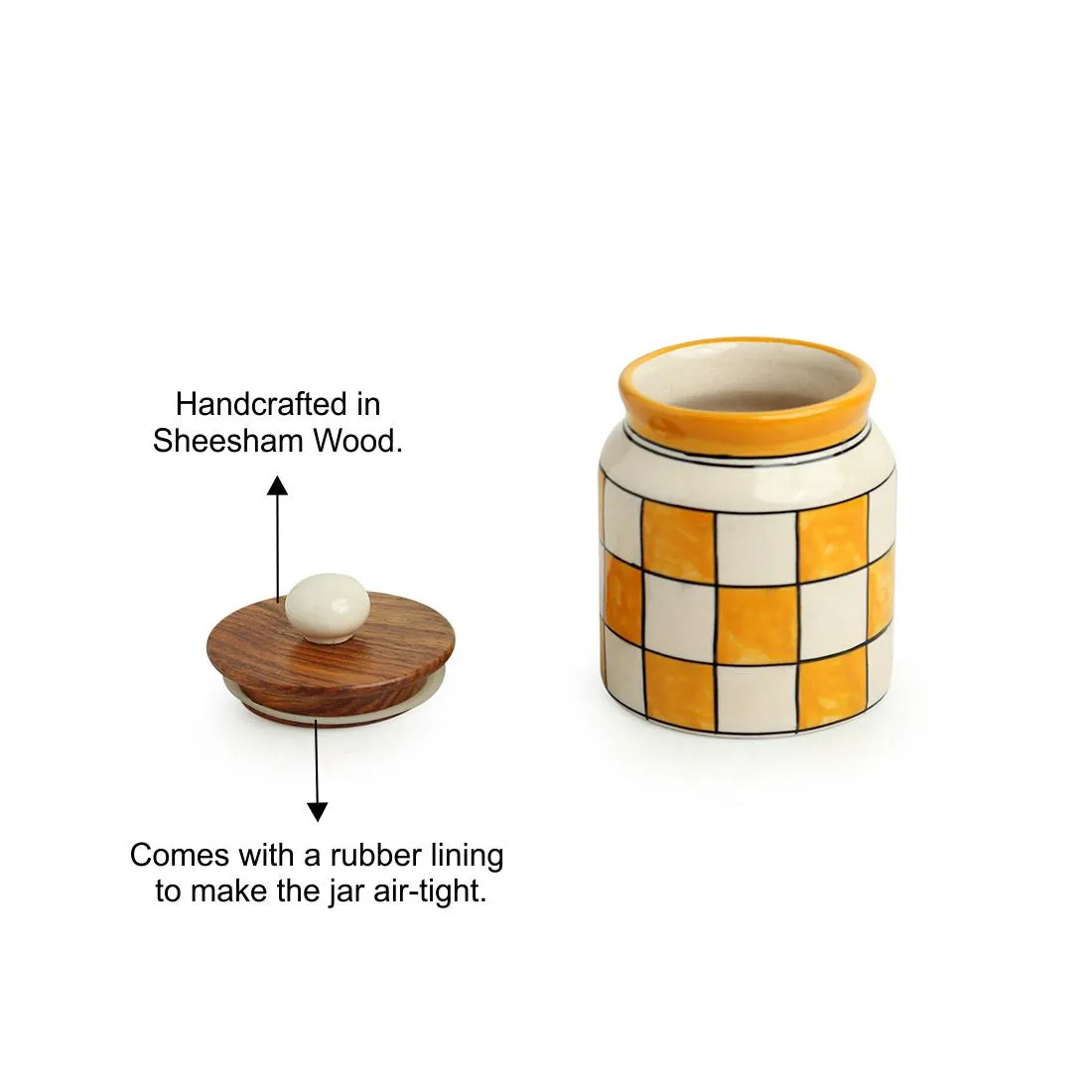 'Shatranj Checkered' Hand-painted Multi-Purpose Storage Jar & Container in Ceramic (Airtight, 410 ML, 13.2 cm)