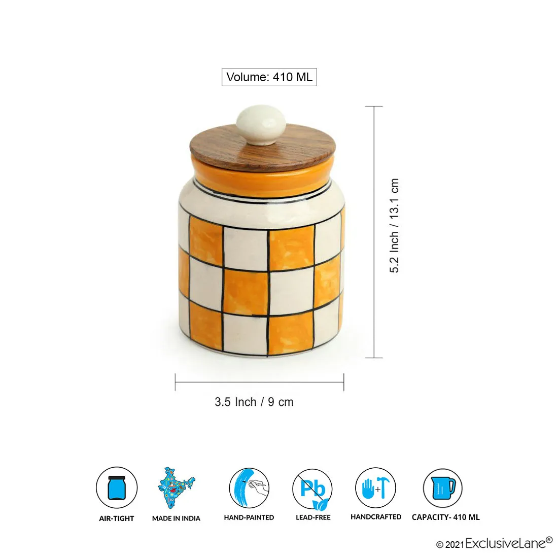 'Shatranj Checkered' Hand-painted Multi-Purpose Storage Jar & Container in Ceramic (Airtight, 410 ML, 13.2 cm)