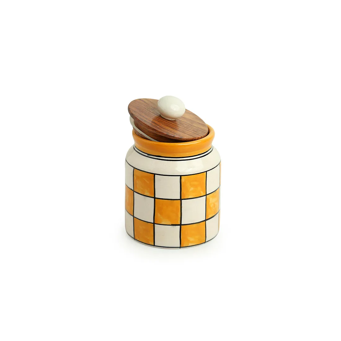 'Shatranj Checkered' Hand-painted Multi-Purpose Storage Jar & Container in Ceramic (Airtight, 410 ML, 13.2 cm)