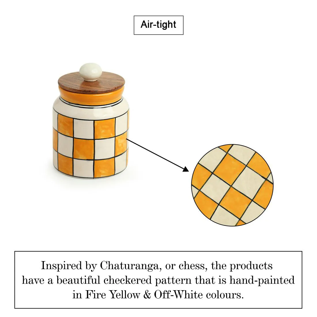 'Shatranj Checkered' Hand-painted Multi-Purpose Storage Jar & Container in Ceramic (Airtight, 410 ML, 13.2 cm)