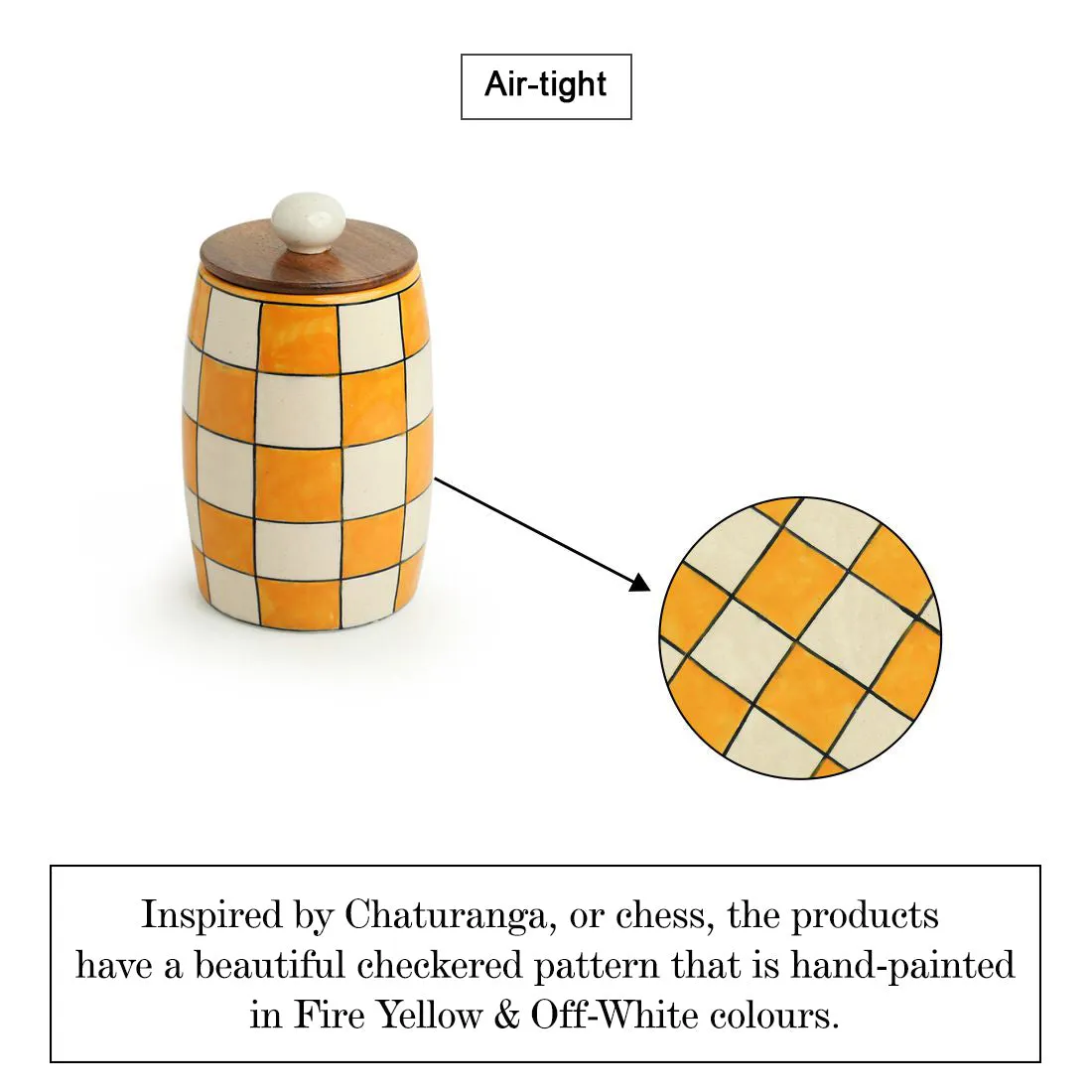 'Shatranj Checkered' Hand-painted Multi-Purpose Storage Jar & Container in Ceramic (Airtight, 600 ML, 15.5 cm)