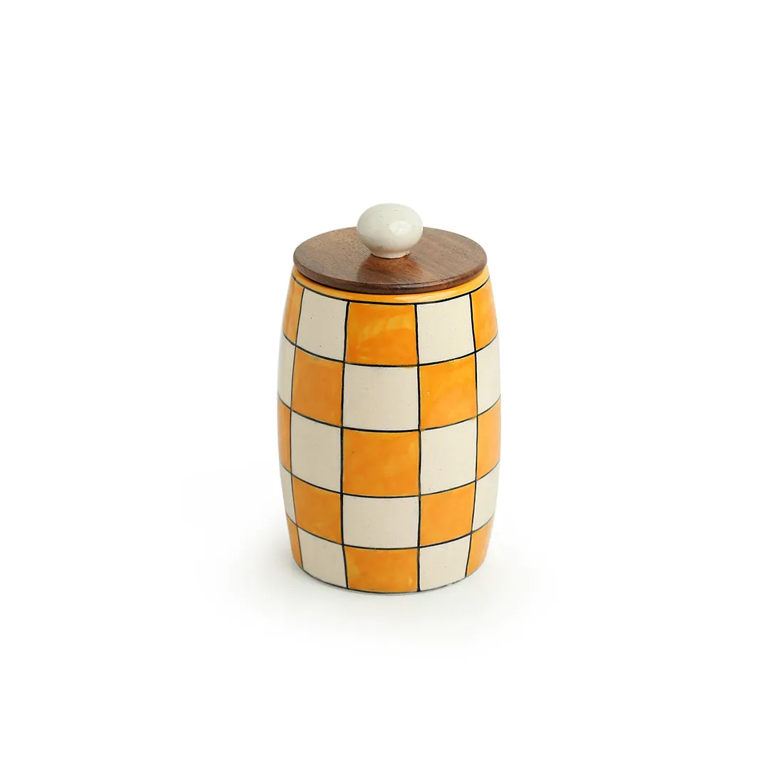 'Shatranj Checkered' Hand-painted Multi-Purpose Storage Jar & Container in Ceramic (Airtight, 600 ML, 15.5 cm)