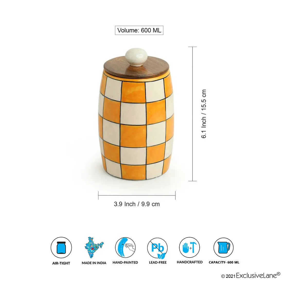 'Shatranj Checkered' Hand-painted Multi-Purpose Storage Jar & Container in Ceramic (Airtight, 600 ML, 15.5 cm)