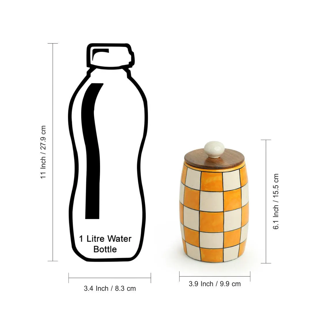 'Shatranj Checkered' Hand-painted Multi-Purpose Storage Jar & Container in Ceramic (Airtight, 600 ML, 15.5 cm)