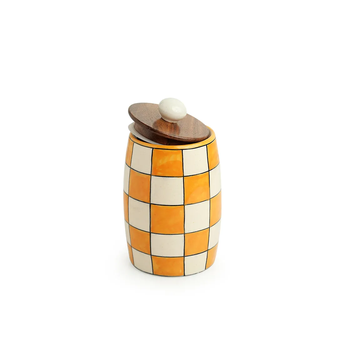 'Shatranj Checkered' Hand-painted Multi-Purpose Storage Jar & Container in Ceramic (Airtight, 600 ML, 15.5 cm)