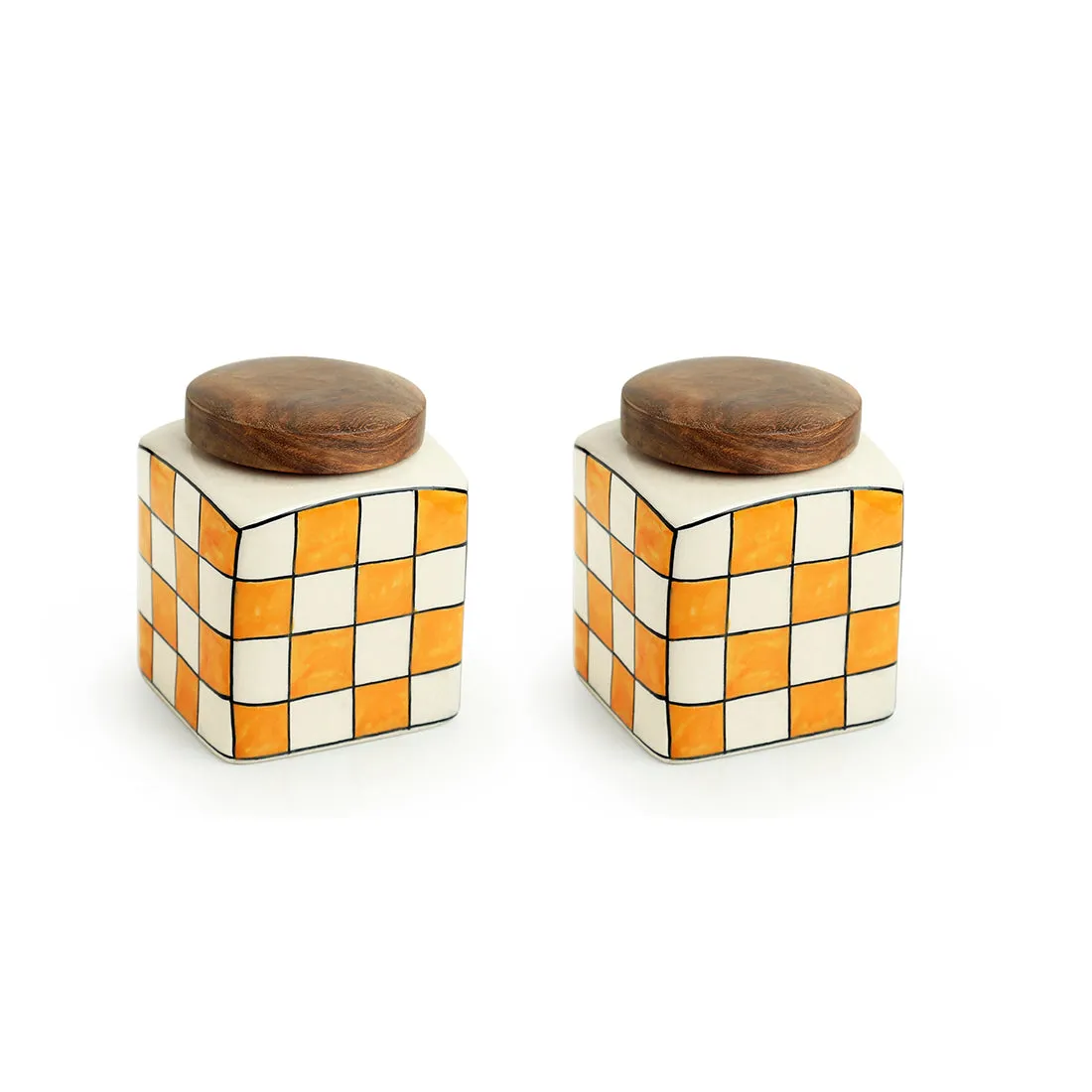 'Shatranj Checkered' Hand-painted Multi-Purpose Storage Jars & Containers in Ceramic (Airtight, Set of 2, 240 ML, 10.2 cm)