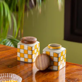 'Shatranj Checkered' Hand-painted Multi-Purpose Storage Jars & Containers in Ceramic (Airtight, Set of 2, 240 ML, 10.2 cm)