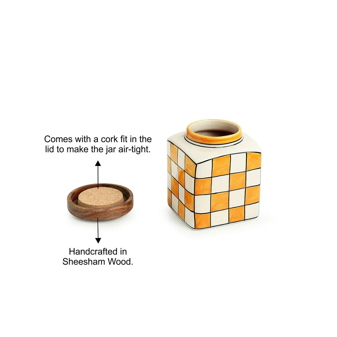 'Shatranj Checkered' Hand-painted Multi-Purpose Storage Jars & Containers in Ceramic (Airtight, Set of 2, 240 ML, 10.2 cm)