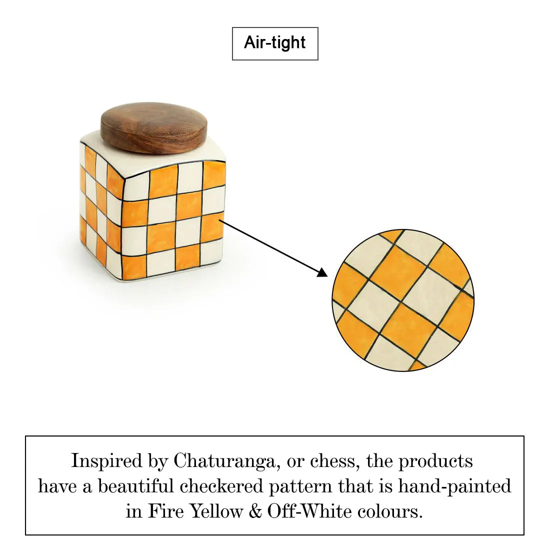 'Shatranj Checkered' Hand-painted Multi-Purpose Storage Jars & Containers in Ceramic (Airtight, Set of 2, 240 ML, 10.2 cm)