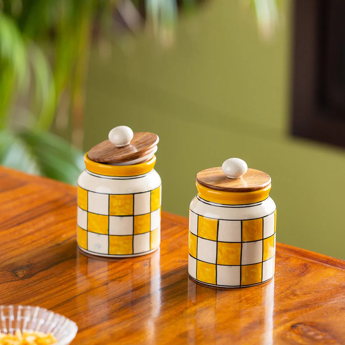 'Shatranj Checkered' Hand-painted Multi-Purpose Storage Jars & Containers in Ceramic (Airtight, Set of 2, 410 ML, 13.2 cm)