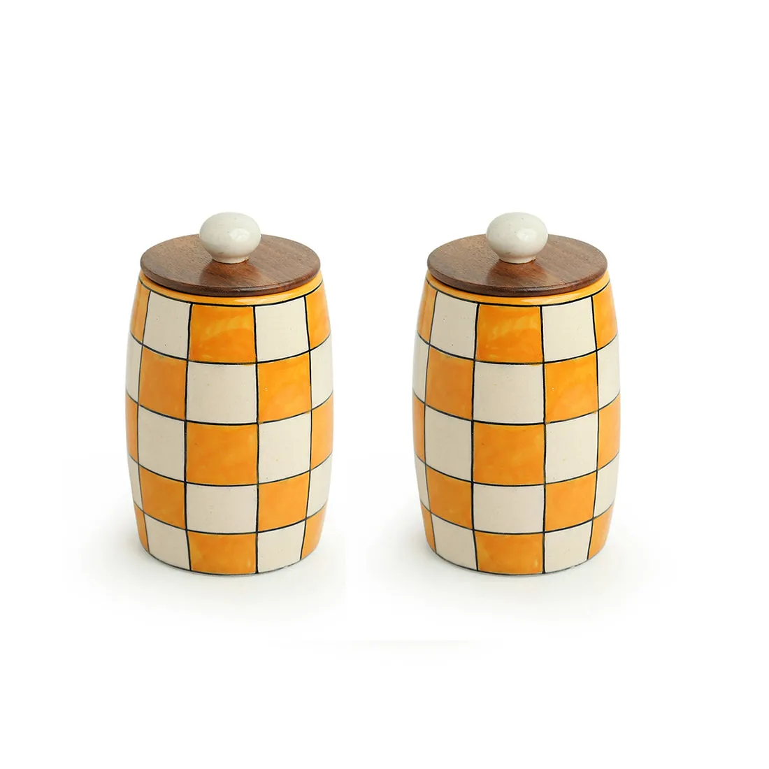 'Shatranj Checkered' Hand-painted Multi-Purpose Storage Jars & Containers in Ceramic (Airtight, Set of 2, 600 ML, 15.5 cm)