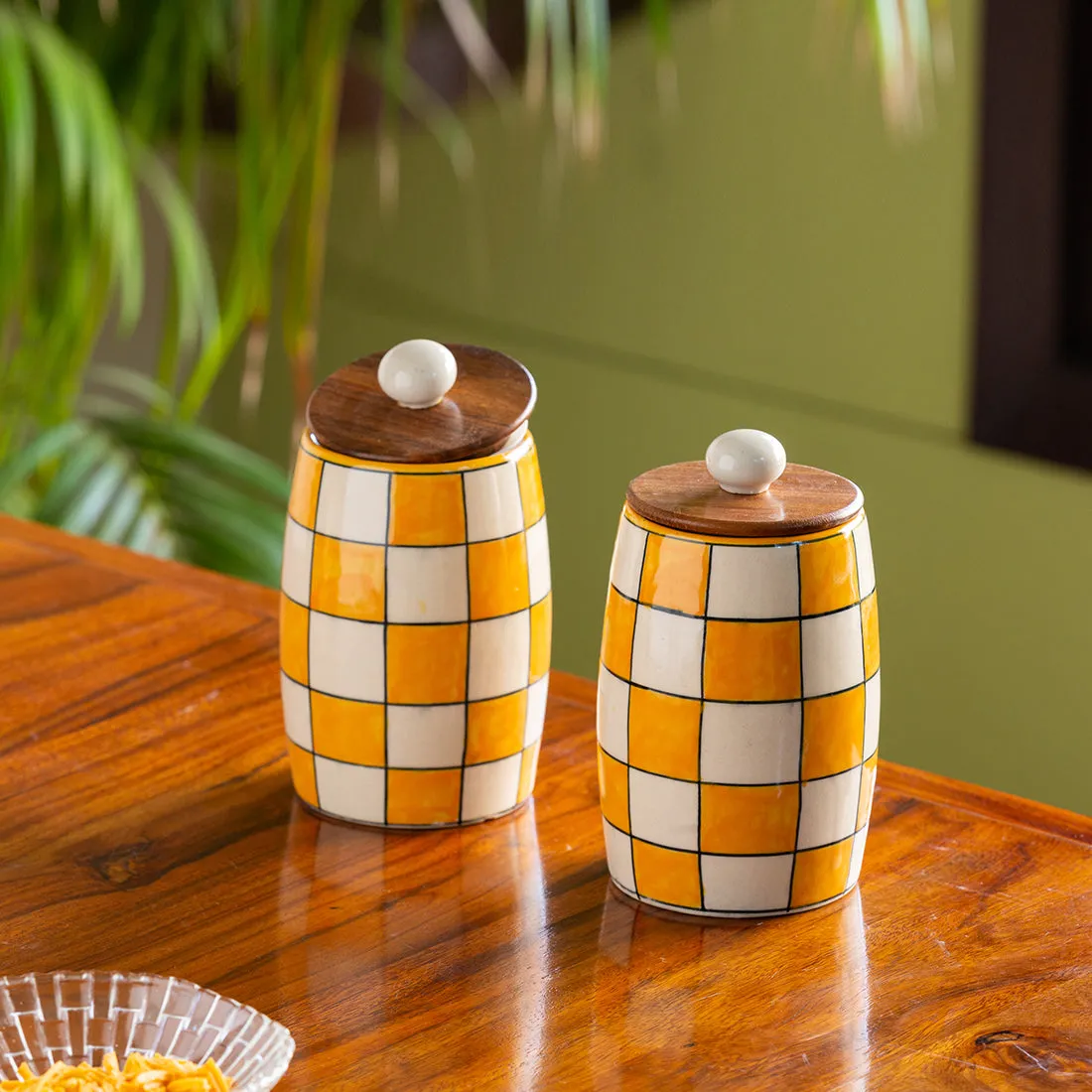 'Shatranj Checkered' Hand-painted Multi-Purpose Storage Jars & Containers in Ceramic (Airtight, Set of 2, 600 ML, 15.5 cm)