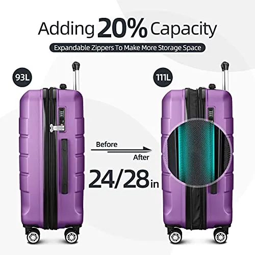 SHOWKOO 3 Piece Expandable Luggage Set - with TSA Lock - Purple