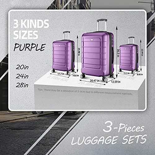 SHOWKOO 3 Piece Expandable Luggage Set - with TSA Lock - Purple