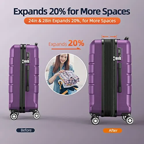 SHOWKOO 4 Piece Expandable Luggage Set with TSA Lock - Purple