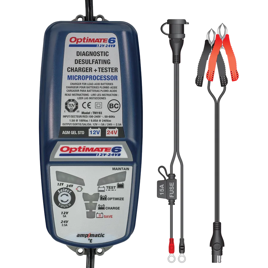 Tecmate OptiMate 6 12V/24V, Smart Battery Charger & Maintainer, TM-193