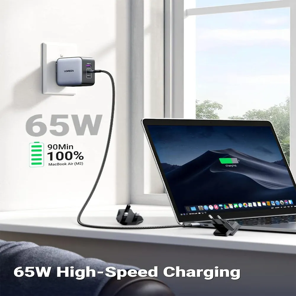 UGREEN Nexode 65W 3-Port USB GaN Charger Fast Charging Travel Adapter with US/UK/EU Plug for iPhone Pro Max, iPad Air Mini Pro, MacBook, Huawei, Samsung Galaxy Plus Ultra, Google Pixel, Android Smartphone, Tablet, Laptop, etc. | 90409