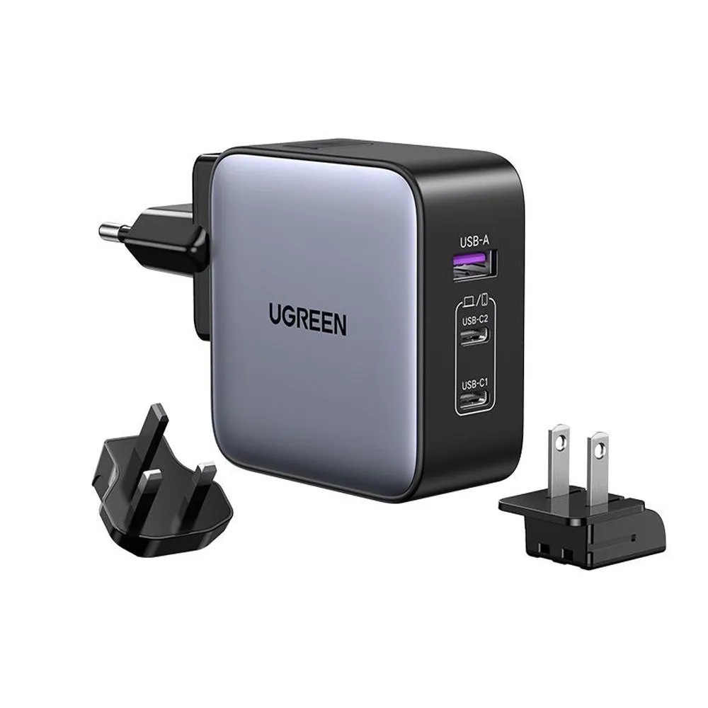 UGREEN Nexode 65W 3-Port USB GaN Charger Fast Charging Travel Adapter with US/UK/EU Plug for iPhone Pro Max, iPad Air Mini Pro, MacBook, Huawei, Samsung Galaxy Plus Ultra, Google Pixel, Android Smartphone, Tablet, Laptop, etc. | 90409