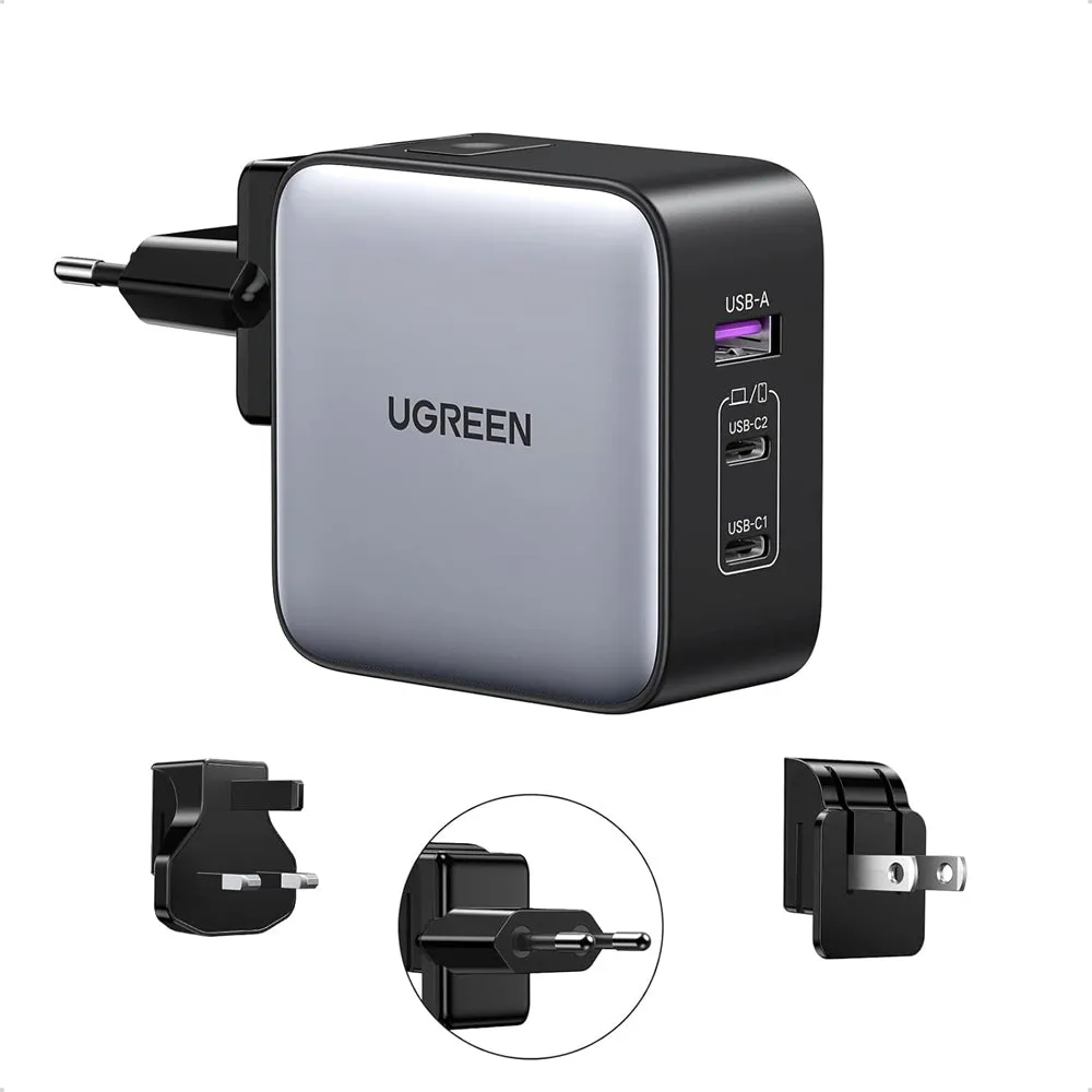 UGREEN Nexode 65W 3-Port USB GaN Charger Fast Charging Travel Adapter with US/UK/EU Plug for iPhone Pro Max, iPad Air Mini Pro, MacBook, Huawei, Samsung Galaxy Plus Ultra, Google Pixel, Android Smartphone, Tablet, Laptop, etc. | 90409