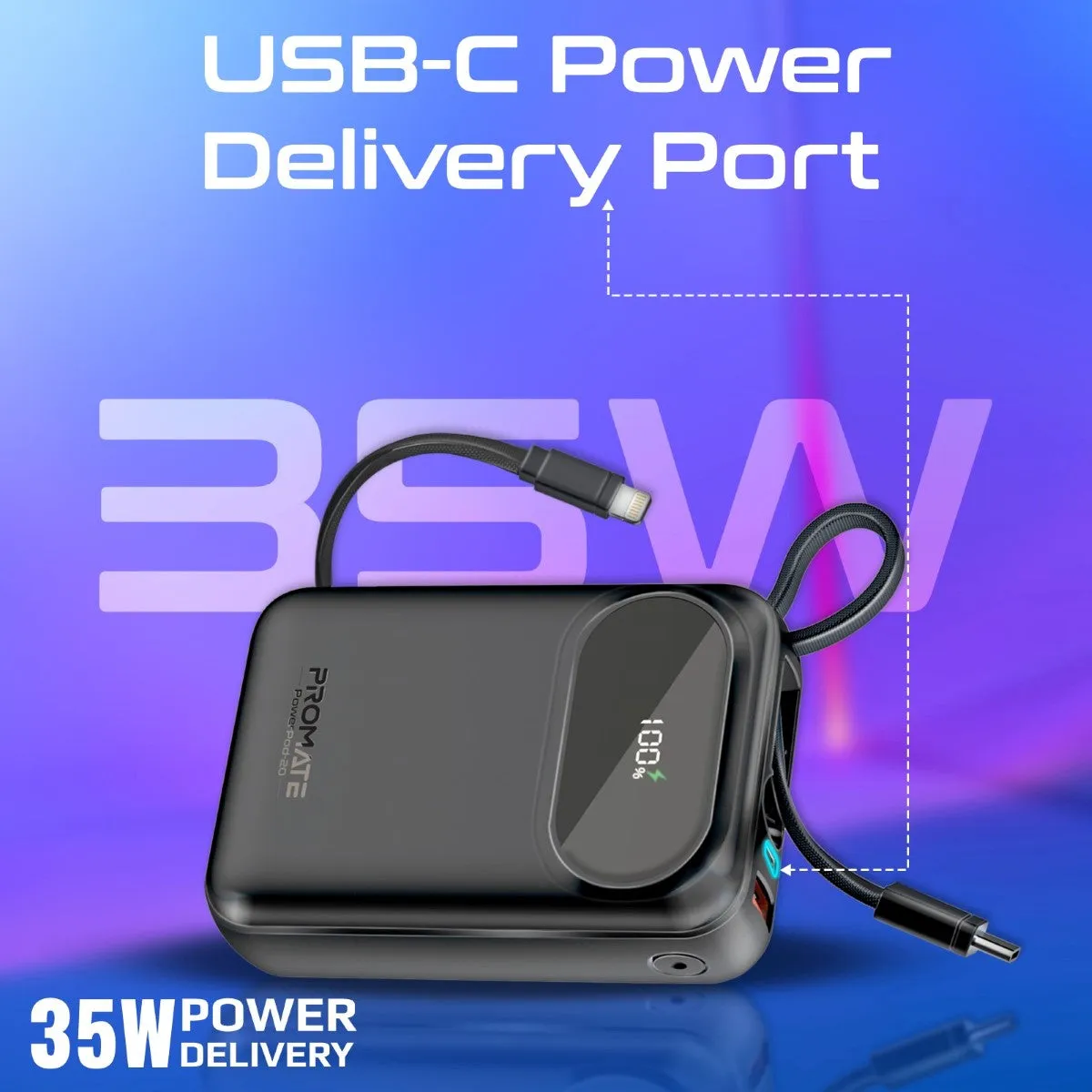 Ultra Compact 35W SuperSpeed™ Power Bank with Built-In USB-C & Lightning Cable